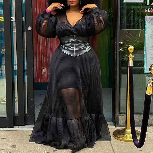 

club plied maxi femme in mesh sheer plus size black dress female late autumn light party sleeve, Black;gray