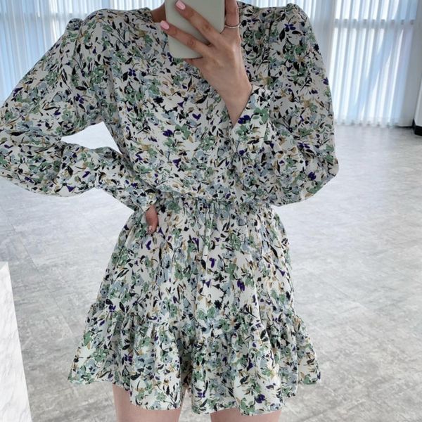 

dress printed floral portrait elasti chiffon waist dresses chic thin sleeve lady spring, Black;gray