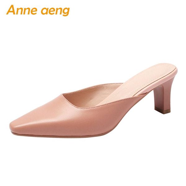 

slippers 2021 summer genuine leather outside women high heel fashion ladies sheepskin shoes pink mules slides, Black