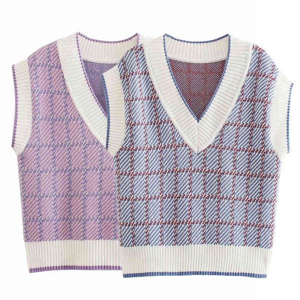 

women plaid print knitted sleeveless v-neck sweater vest chic lady fashion casual clothes 210517, Black;white