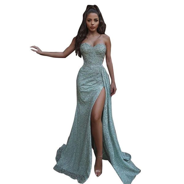 

casual dresses fall winter women high split splicing strapless bodycon midi maxi dress party club night long plus size 2021, Black;gray