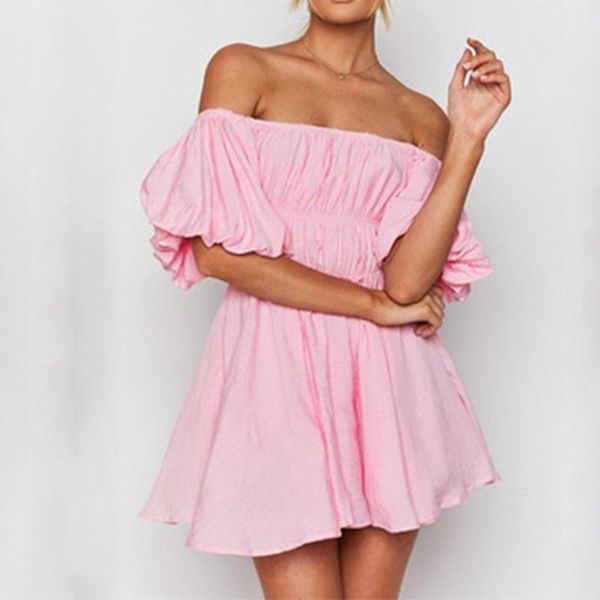 

casual dresses summer slash neck solid women dress fashion puff sleeve high waist ladies cute pink ruffle off shoulder clotes, Black;gray