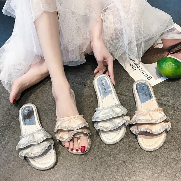 

one-slip slippers female 2021 summer fashion open toe ruffled rhinestones sweet word women wear, Black