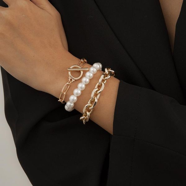 

charm bracelets fashion ot buckle bracelet set for women gold silver color imitation pearls chain bangle on hand bohemian jewelry, Golden;silver