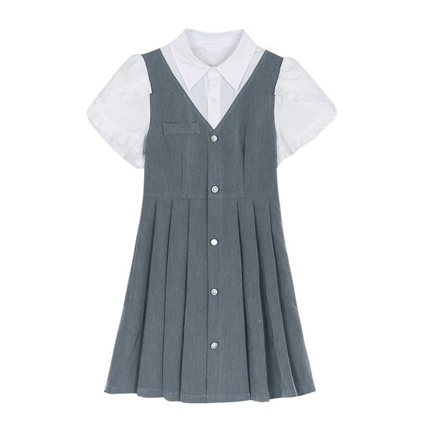 

gray turn down collar short sleeve mini dress elegant solid summer women female d2032 210514, Black;gray