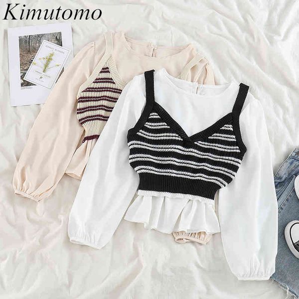 

kimutomo two piece outfits for women elegant retro lantern sleeve solid o-neck shirts and knitted striped vest femme 210521, White