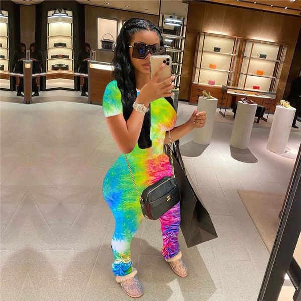 

women's tracksuits tie dye print women casual two piece set summer o neck short sleeve t shirt fashion ruched pencil pants long suits, Gray