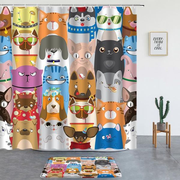 

shower curtains cartoon animal set bath mats cats and dogs bathroom screen entrance door mat non-slip rugs child room decoration