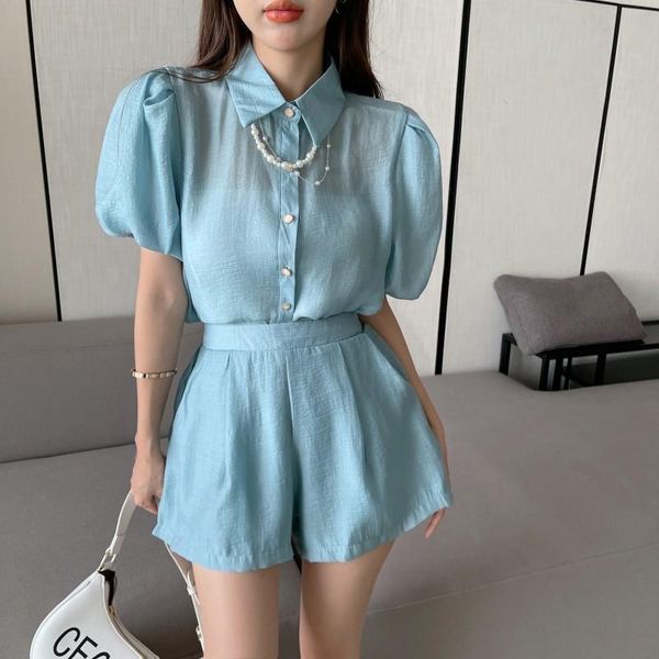 

women's tracksuits women casual shirts shorts two piece sets fashion lapel puff sleeve blouse +mini pant suits 2021 summer lady clothin, Gray