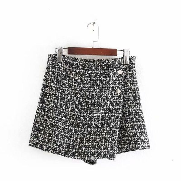 

women's shorts tweed skirts vintage lattice plaid button asymmetical skorts high waist winter clothes, White;black