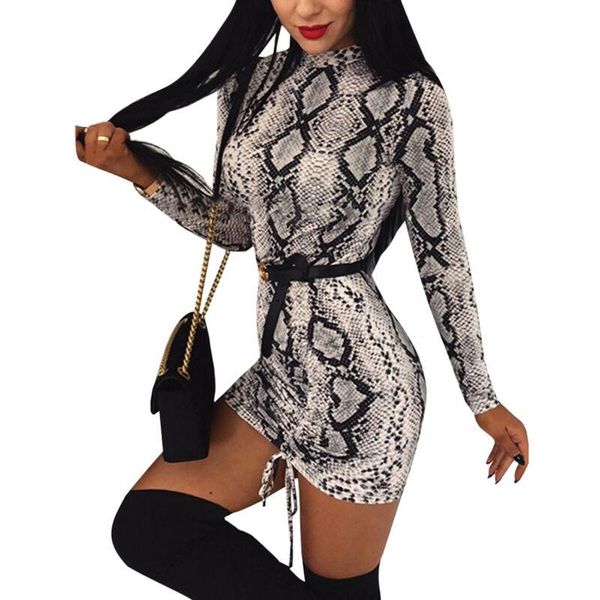 

brand women`s snake skin print bodycon long sleeve mini dress ladies turtleneck party clubwear slim fit dresses casual, Black;gray