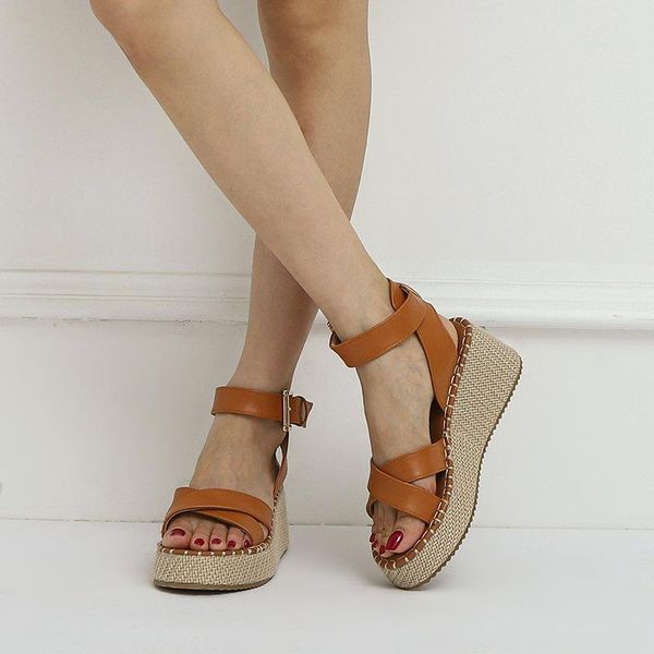 

sandals 2021 summer wedges heel buckle solid color rope woven women shoes, Black