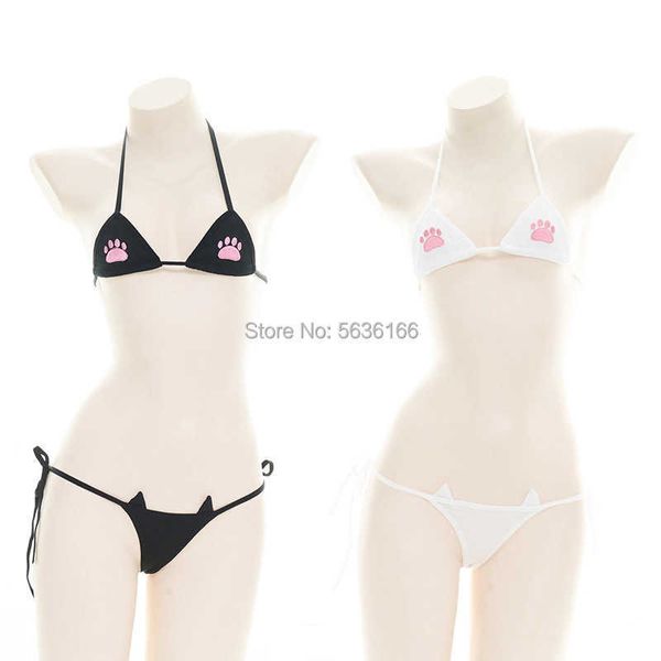 Sexy Bikini, kleine Körbchen, sexy, süße Unterwäsche mit Katzenpfotenmuster, passend für viele Größen, Baumwolle, Schwarz, Weiß, Mikro-Dessous Y0911