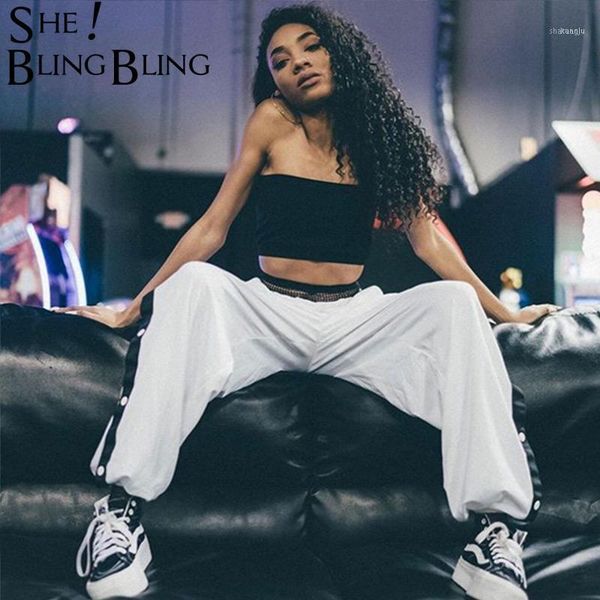 

sheblingbling drawstring design elastic waist women trousers taping and snap button side joggers straight pants with pockets1, Black;white