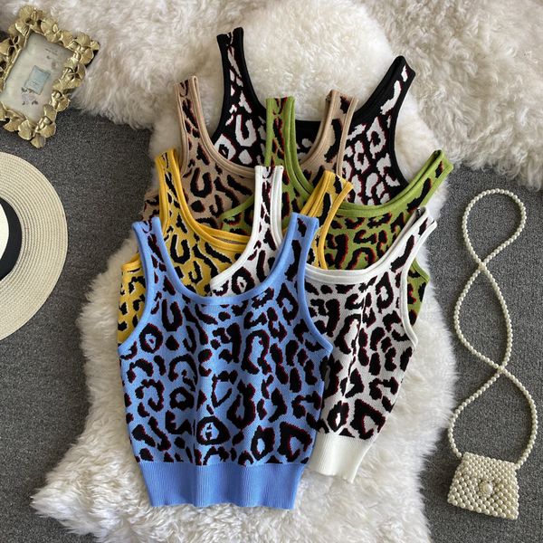 Outono verão novo design feminino com decote em bico sem mangas estampa de leopardo malha curta cintura alta colete camis