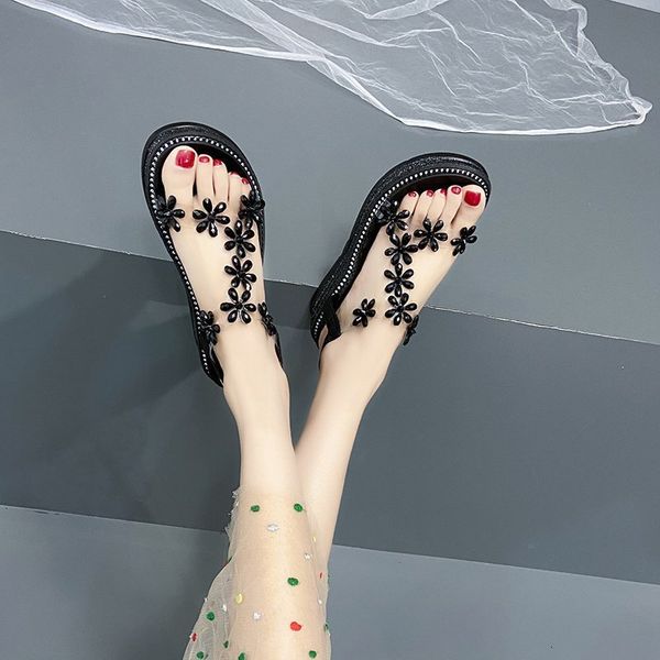 

sandals wedge sandals female summer fairy flowers rhinestone thick bottom muffin wild fashion roman shoes 7hxa, Black