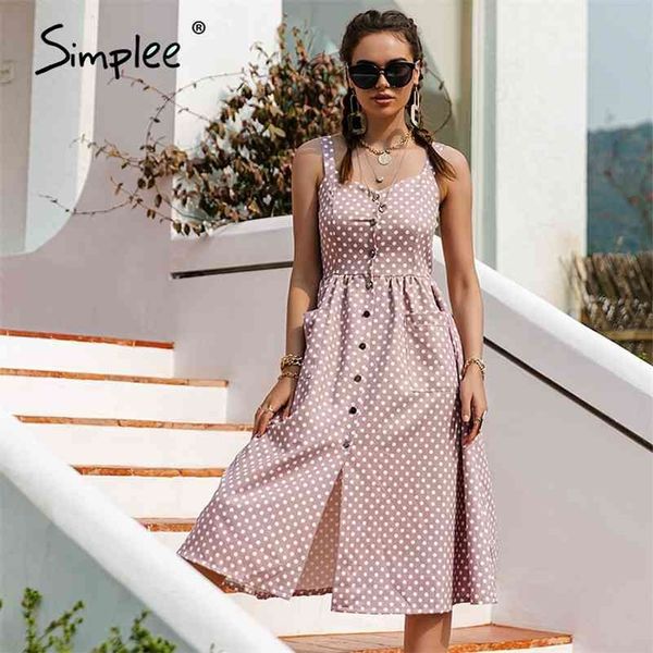 Simplee Abito casual a pois Senza maniche Stile vacanza a vita alta con bottoni Abito da donna Moda Abiti estivi di media lunghezza NUOVO 210323