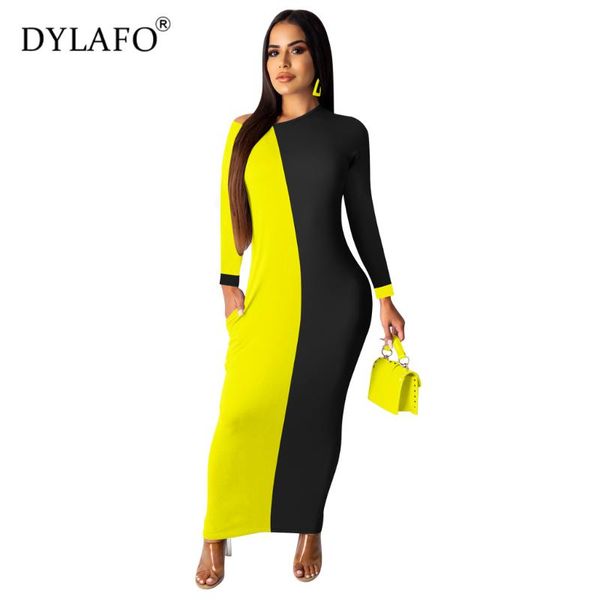 

casual dresses 2021 fall winter contrast color patchwork round neck female vestidos long sleeve night club women party dress, Black;gray