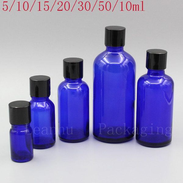 

empty blue essential oil bottle with black aluminum screw cap, portable travel cosmetic packaging bottle,glass perfume bottles storage & jar