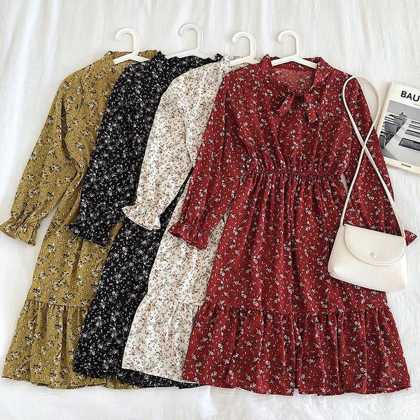 

casual dresses whcw cgdsr woman loose party a-line autumn winter korean style midi dress women 2021 long sleeve vintage elegant vestido, Black;gray
