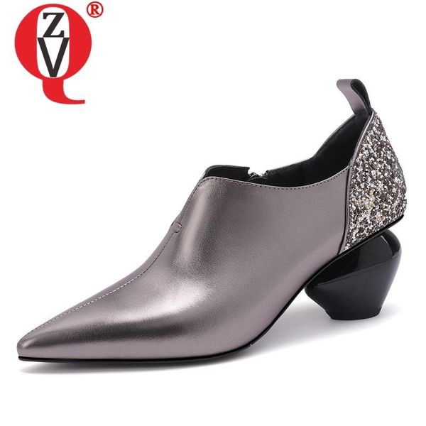 

dress shoes zvq 2021 spring fashion pointed toe handmade genuine leather woman pumps outside high heels zip bling plus size ladies, Black