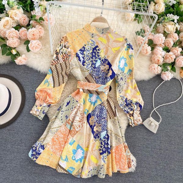 

casual dresses croysier runway fashion print for women 2021 vintage elegant dress stand collar long sleeve mini shirt with belt, Black;gray