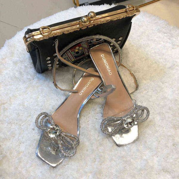 

sandals summer new one-strap mid-heel silver rhinestone bow thick heel female fairy style 220121, Black