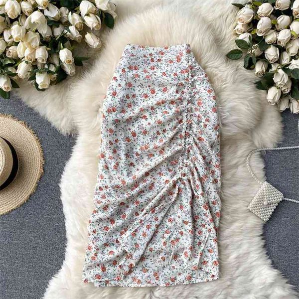 

women fashion vintage chiffon floral print high waist slim drawstring irregular package hip skirt clothing r717 210527, Black