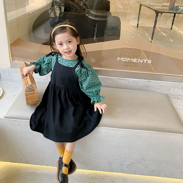 

2021spring girls 2 piece set dress long-sleeve o-neck dot print green + black suspender dress kid children 2-8y, Red;yellow