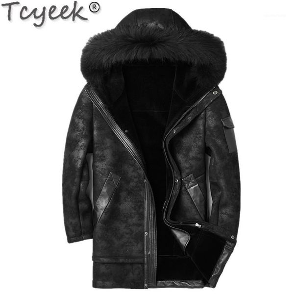 

men's leather & faux men's genuine jacket winter men raccoon fur collar sheepskin coat for wool liner warm f-cq-1807, Black
