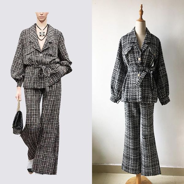 

celebrity style 2021 fashion women runway twin sets plaid jackets flare pants loose casual outfits spring fall suits women's two piece, White