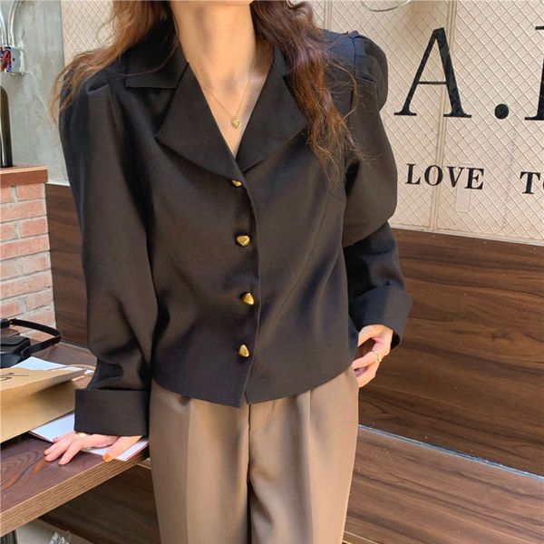 

autumn temperament lapel metal chic single breasted loose and versatile bubble sleeve suit coat women, Black;brown