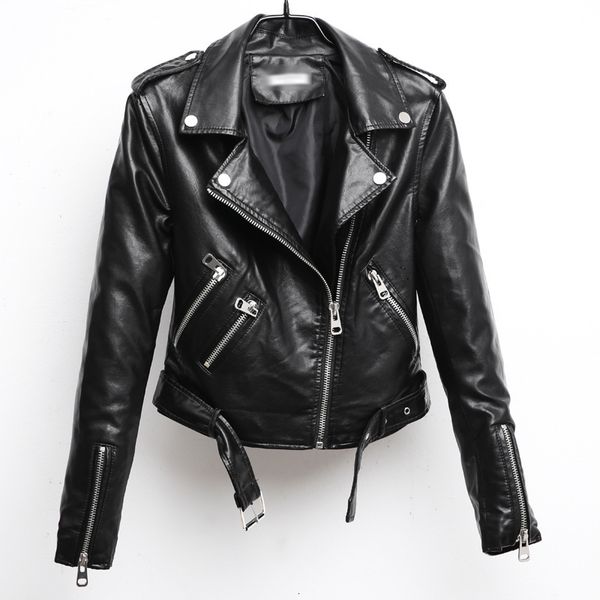 

women's leather & faux eco-leather jacket, black leather short jacket with zipper and waist strap for motorcycle spring autumn dlto
