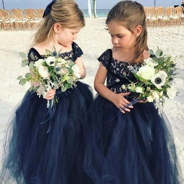 Abiti da ragazza Blu navy in pizzo per ragazze di fiore per matrimoni Abito da ballo 2021 Collo quadrato Manica corta Abiti da comunione Abbigliamento per bambini