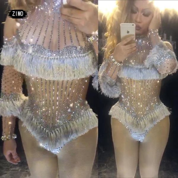 

women's jumpsuits & rompers 2021 diamonds beading off the shoulder tassel elasticity bodysuits nightclub party crystals leotard, Black;white