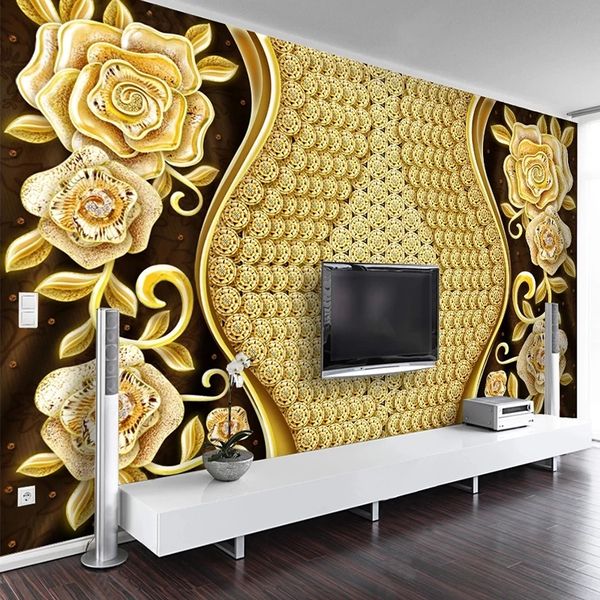 

custom mural wallpaper 3d gold diamond flower jewelry luxury bedroom living room sofa tv background home decor