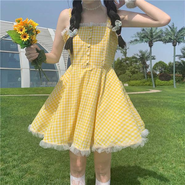 

women's t-shirt soft girls sweet backless dress women yellow sundress summer lolita kawaii lace beach party plaid casual cute, White
