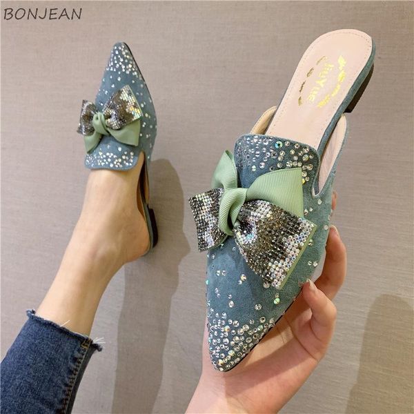 

bow-knot crystal mules shoes pointed toe low heels shallow slippers women shine rhinestone casual comfy bling slides lazy, Black