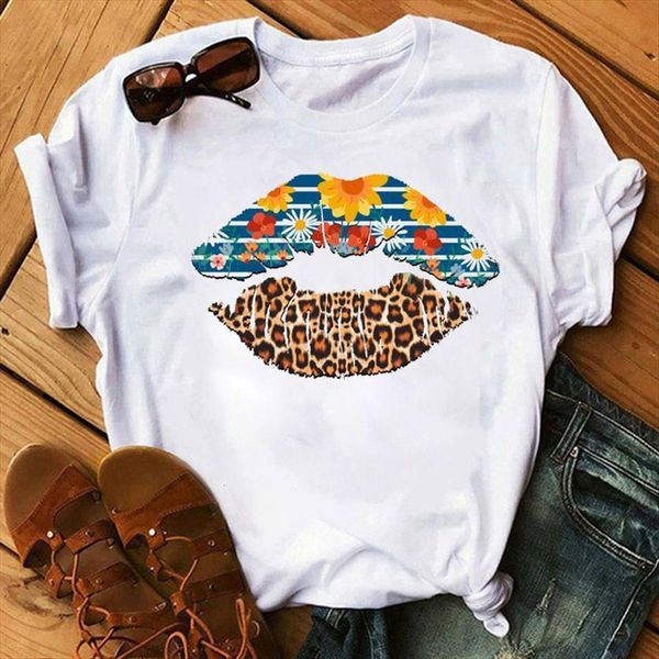 

leopard lips and flower fashion womens harajuku graphic tee female short sleeve white shirts