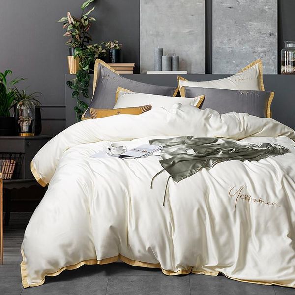 

bedding sets white gray blue 60s soft washed silk set duvet cotton fitted bed embroidery cover linen pillowcases sheet