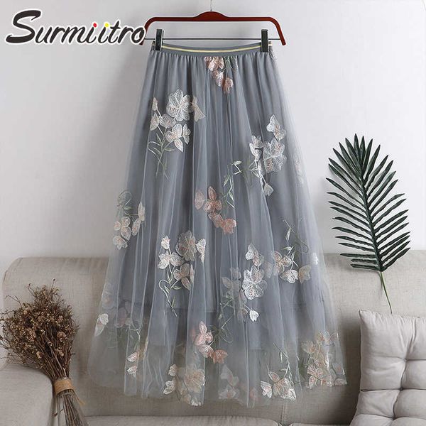 Surmiitro Summer Fashion Long Tulle Saia Mulheres Coreano Malha Floral Bordado Cintura Alta Maxi Saia Plissada Feminina 210712