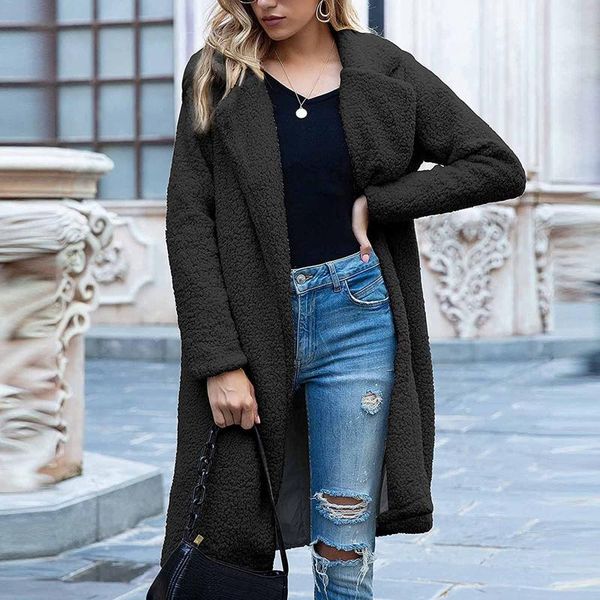 

women's wool & blends casual women long jackets cardigan fashion turn-down sleeve for outwear autumn thick warm coat manteau femme, Black