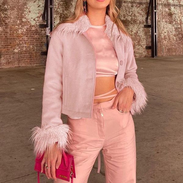 

women's wool & blends seasons women fashion sweet pink fur collar woolen coat autumn female single breasted patchwork streetwear outfit, Black