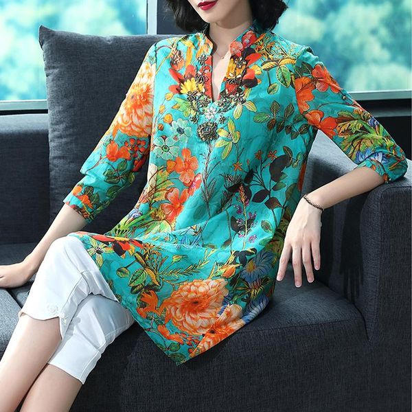 

women's blouses & shirts summer spring casual women female loose flower print 3/4 sleeve beading rhinestone linen blouse , womens long, White