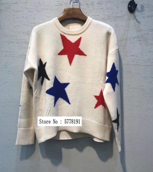 

women's sweaters 2021ss colorful stars jacquard cashmere knit sweater o neck drop shoulder fashion woman beige pullovers, White;black