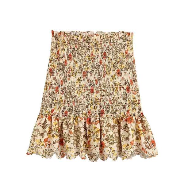 

women fashion floral print ruffled mini skirt vintage chic elastic waist hollow out embroidery skirts jupe femme 210520, Black