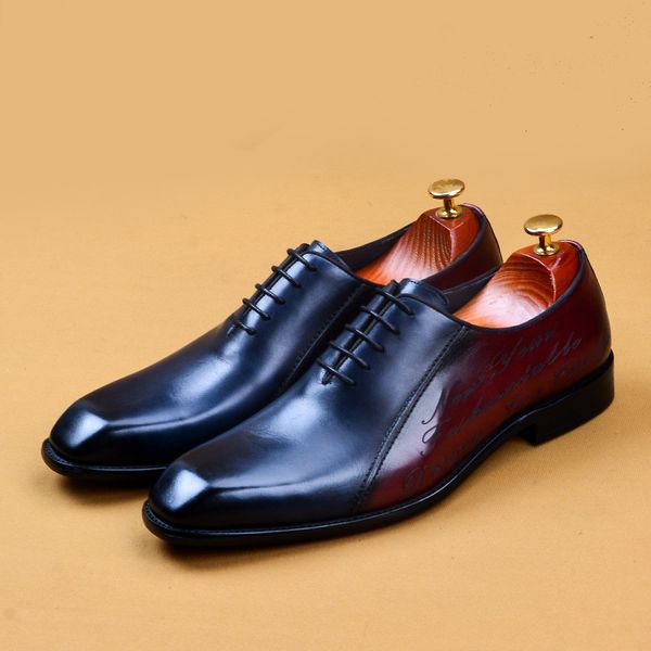 

lace up genuine leather mens fashion dress shoes wedding business shoe square head brown blue italian formal men oxford shoe, Black