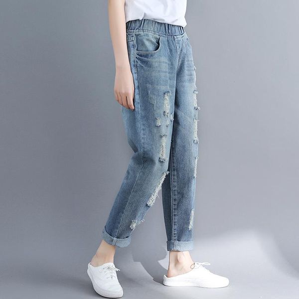 

women's pants & capris denim harem jeans for women with holes elastic high waist vintage ladies blue plus size spring summer, Black;white