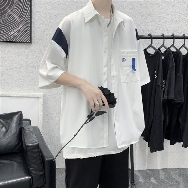 

men's casual shirts color contrast men 2021 fashions streetwear summer half sleeve vintage loose couple clothing camisa masculina, White;black