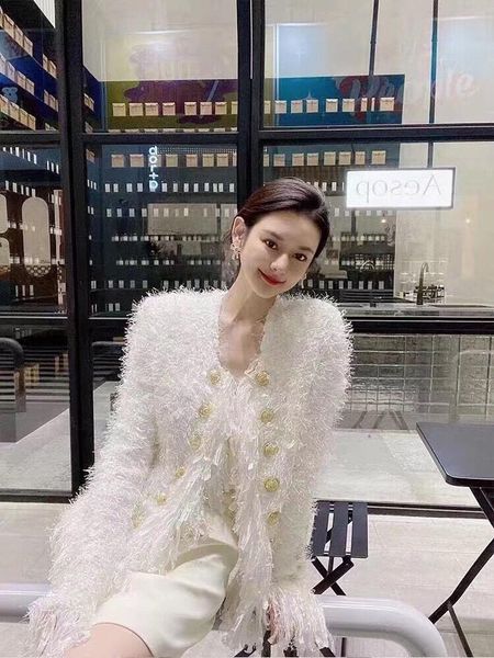 

women's jackets 2021 autumn winter fashion jacket woven tassel white coat, Black;brown